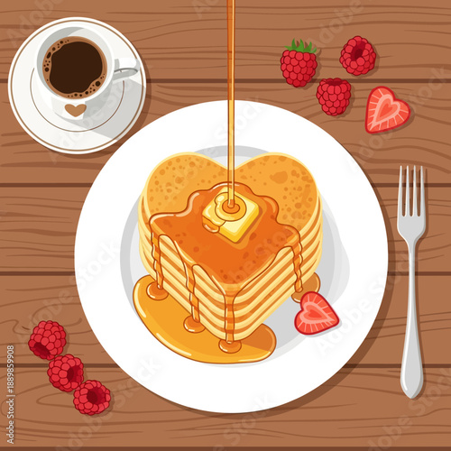 Heart-Shaped Pancake Stack with Coffee, Raspberries, and Strawberries on Wooden Table