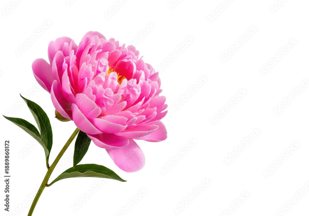 Obraz premium A single luminous pink peony in full bloom, featuring delicate ruffled petals and yellow stamen, isolated against a transparent background with ample negative copy space, minimalist elegance