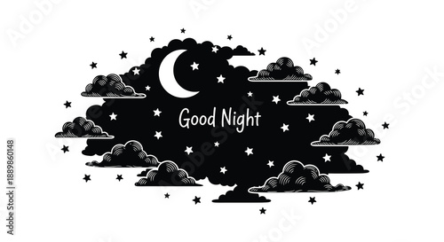 A whimsical illustration depicts a crescent moon and fluffy clouds sprinkled with stars alongside a comforting good night message