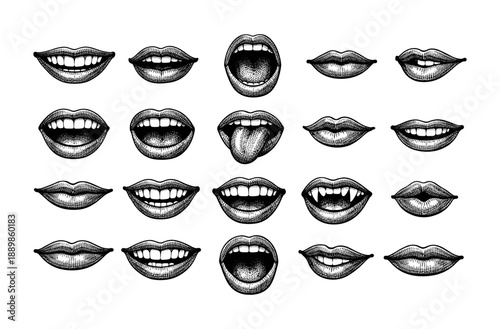 Vintage style engraved human mouth expressions set on white background