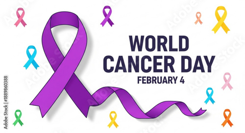 World Cancer Day awareness ribbon illustration February 4th with colorful support symbols for global health campaigns and fundraising events