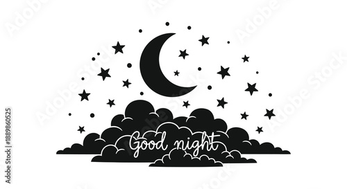 A simple illustration depicting a crescent moon scattered stars fluffy clouds and the handwritten phrase good night