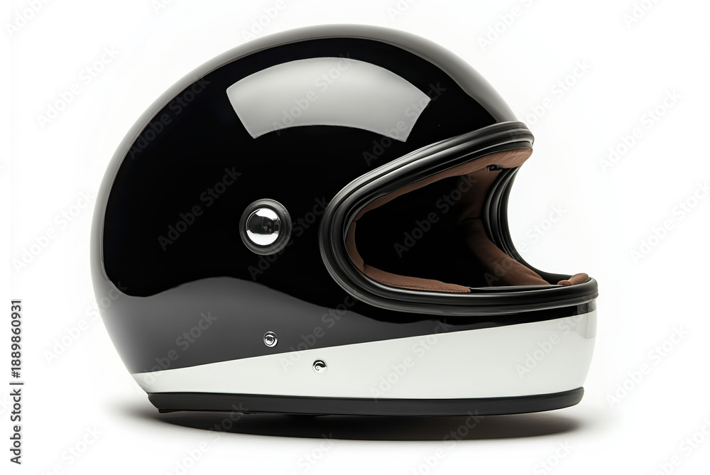Obraz premium Sleek Motorcycle Helmet: A close-up shot of a modern, glossy black motorcycle helmet with white accents, ready to shield riders on their adventures.