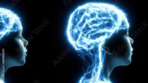 Glowing child brain neural network inside head silhouette representing developing intelligence learning and digital mind concept