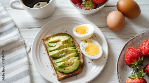 Healthy breakfast with avocado toast boiled eggs and fresh strawberries on light table