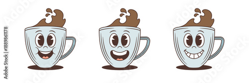 A set of happy coffee cup mascots in a retro cartoon style. This character collection shows cheerful emotions. An isolated vector illustration, great for a cafe logo or sticker