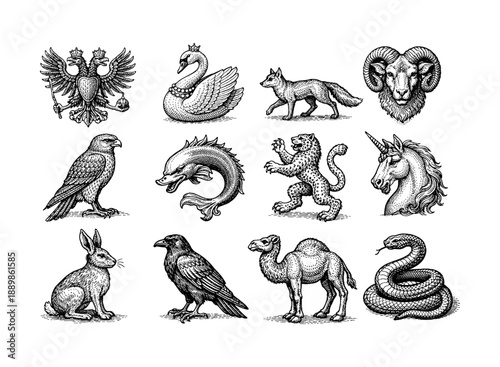 Detailed engraved animal collection featuring mythical and real creatures