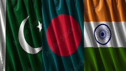 Regional Cooperation and Trilateral Relations Concept: Realistic Waving Flags of Pakistan, Bangladesh, and India