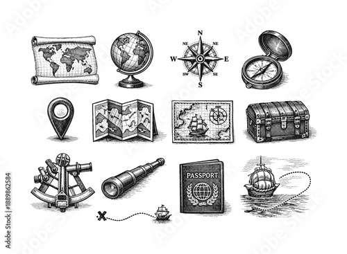 Vintage travel adventure icons with nautical and exploration elements