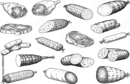 Hand drawn meat and sausage vector set, with salami, ham, and pepperoni, for butcher shop menu design