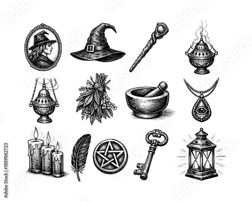 Hand drawn witchcraft symbols: hat, pendulum, key, lantern, magic potions, and more