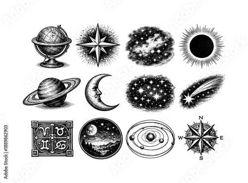 Vintage celestial elements with globes, stars, and cosmic symbols in black and white