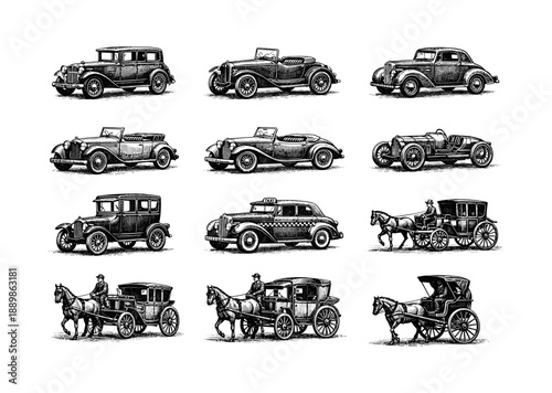 Vintage and classic carriage collection featuring antique automobiles and historical horse-drawn carriages