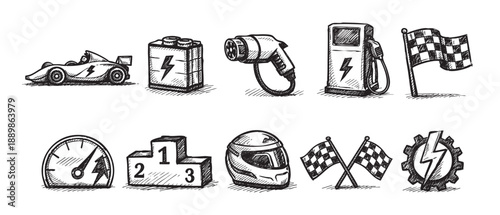 Set of hand-drawn racing elements in sketch style including a car, battery, charging plug, gas station, flag, and more.