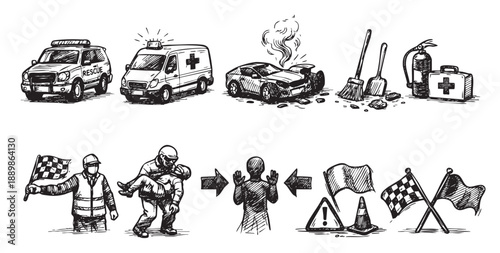 Monochrome sketchy illustration depicting emergency responders, ambulance, rescue vehicle, wrecked car, first aid, and flags, ideal for safety awareness or infographic use.