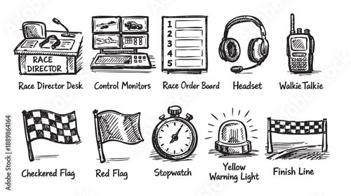 Hand-drawn illustration showcases essential racing event equipment like flags, timing devices, and control center tools. Ideal for infographics, websites, or educational materials about motorsports.
