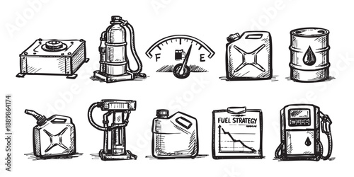 A hand-drawn black and white illustration presents fuel elements like a gas pump, canisters, and gauge. Shows concepts of fuel strategy, resources, and energy.