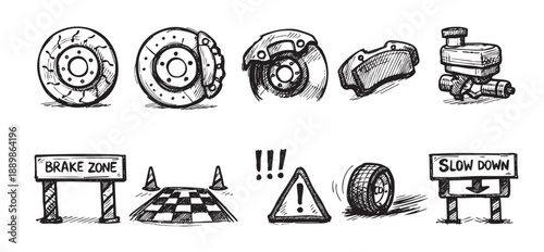 Hand-drawn illustration features car brake rotors, calipers, hydraulic master cylinder, tires, and signs for brake zones and cautions. Great for automotive designs.