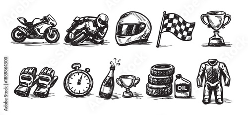 Black and white sketch featuring racing elements like motorcycle, racer, helmet, flag, trophy, gloves, stopwatch, champagne, tires, oil and suit for graphics or illustrations.