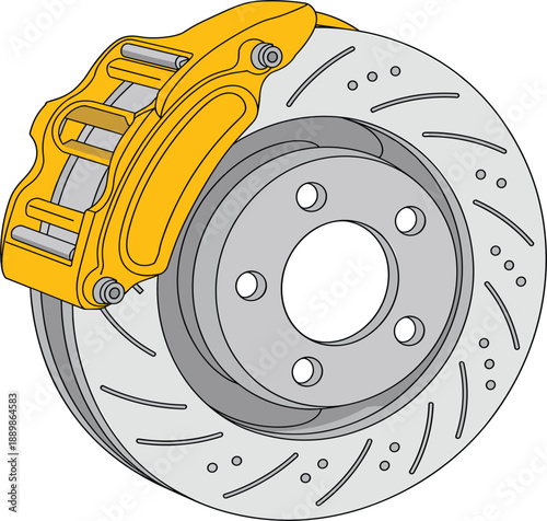 High performance yellow brake caliper, and ventilated disc rotor vector, for automotive repair, racing, and maintenance services
