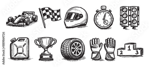 Collection of black and white racing-themed drawings: race car, flag, helmet, lights, trophy, tire, gloves, isolated on white, showcasing motorsport elements in detailed sketches.