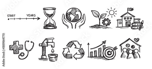 A set of doodle icons in black and white representing diverse concepts such as time, environmental protection, education, healthcare, financial growth, and community well-being.