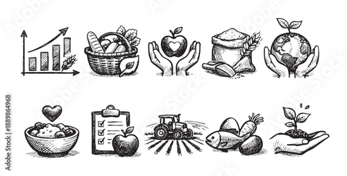 Set of hand-drawn food icons including farming, agriculture, and sustainability concepts isolated on a white background for use in branding, graphics, or web design.