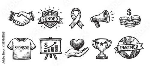 Collection of hand-drawn style charity, sponsorship, business partnership icons illustrating concepts of fundraising, donating, sponsoring, collaboration and support, on a white background.