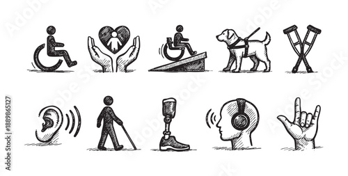 Black and white sketched icons illustrate disability concepts: wheelchair, ramp, guide dog, hearing aid, sign language, promoting accessibility and inclusion for all abilities.