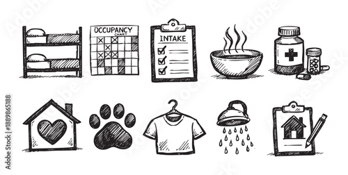 This drawing features sketches of common icons such as bunk beds, pet paws, occupancy chart, intake, bowl of soup, medicine, house, t-shirt, kettle and clipboard.