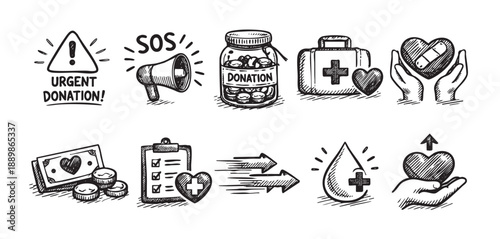 Hand-drawn collection of charity and donation icons, including money, hearts, first aid kit, blood, and other symbols, isolated on a clean white background.