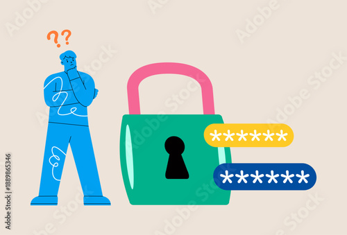 Man forgot security code. Account security system concept. Colorful vector illustration