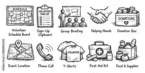 Hand-drawn style icons depict volunteering tasks, including scheduling, sign-up, briefing, donation box, helping hands, location, phone call, t-shirts, first aid and supplies.