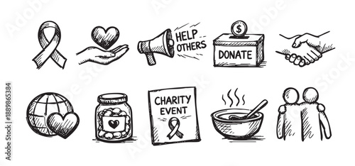 A set of sketched charity icons depicting donation box, helping hands, awareness ribbon, globe, and friendship, conveying the concept of support and giving.