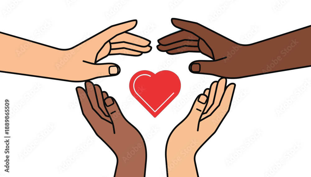 Fototapeta premium Four human hands diverse skin tones surround a red heart on white clean background simple graphic
