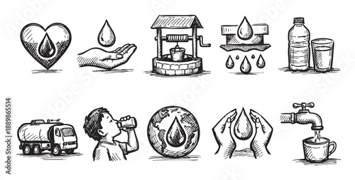 A set of hand-drawn style sketches depicting water sources, consumption, scarcity, and conservation, conveying a message of sustainability and the importance of water management.