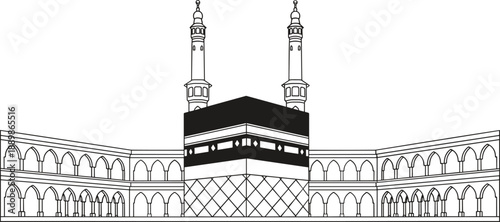 Kaaba Masjid al Haram architectural line art illustration with minarets, sacred Islamic landmark vector drawing isolated on white background