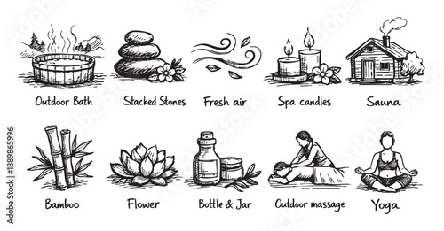 Illustrated icon set of spa and wellness elements including an outdoor bath, sauna, massage, yoga, and relaxation, perfect for health and wellbeing.