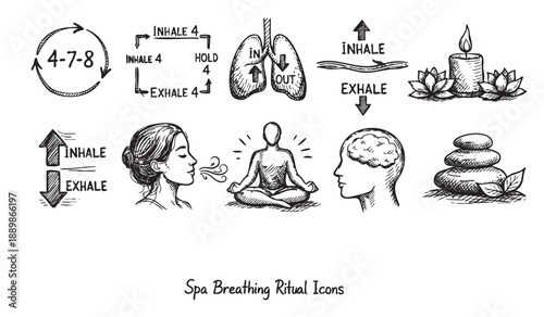 Hand-drawn icons showcasing breathing techniques, including 4-7-8, abdominal breathing, and visualization, suitable for spa, meditation, or wellness content.