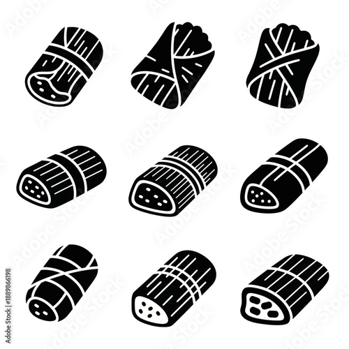 Set of stylized tamale icons: traditional Mexican corn masa food, wrapped in corn husks or banana leaves.