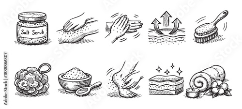 Black and white drawings depict a salt scrub, exfoliation, skincare and spa procedures with salt scrub, brush, sponge, and rolled towel illustration.