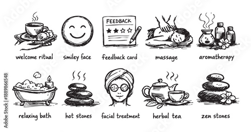 Hand-drawn spa and wellness icons showing aromatherapy, massage, facial, zen stones, tea and relaxing bath treatment on a white background.