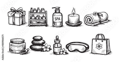 Hand-drawn spa products, including a gift box, creams, lotions, candle, towel, stones, oil and sleep mask isolated on white for beauty and wellness concepts.