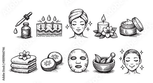 A collection of hand-drawn spa and beauty elements offer skincare concepts for wellness themes; including a woman, skincare products, candles and cucumber slices.