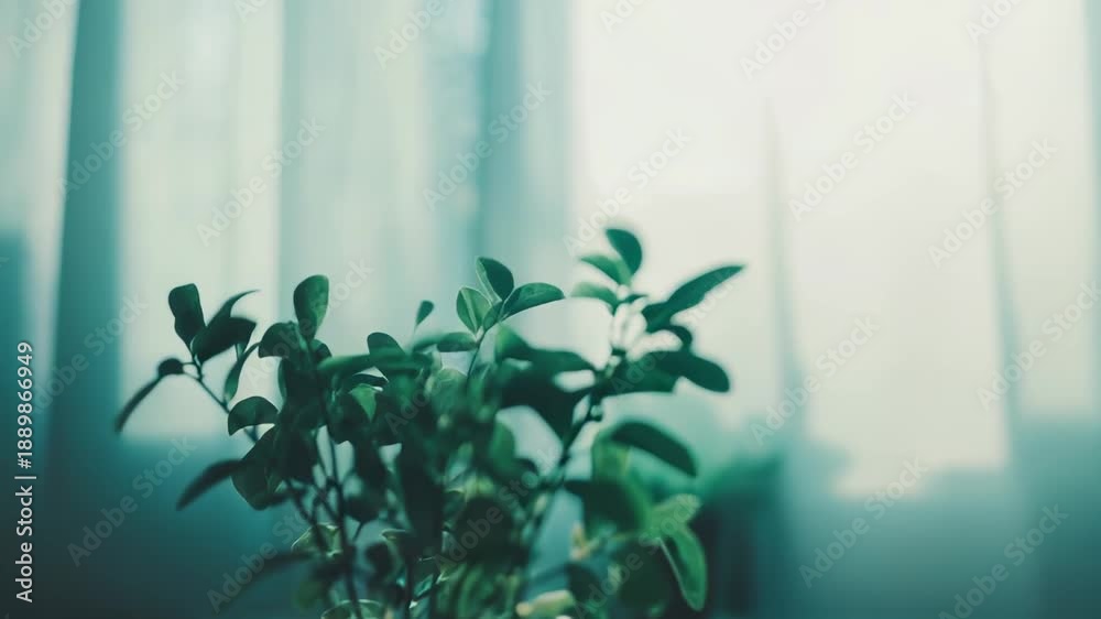 custom made wallpaper toronto digitalSmall potted plant with green leaves stands on a wooden surface, receiving gentle sunlight from a bright window with sheer curtains, creating a calm and peaceful domestic scene