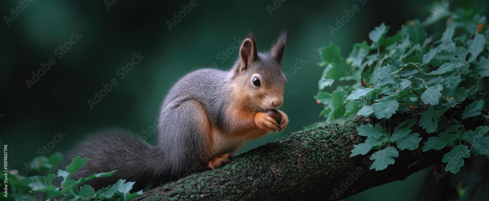 Naklejka premium squirrel cradles an acorn tenderly on a branch radiating joy and curiosity