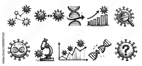 Vector doodle icons showing coronavirus research, growth, and mutation in black and white, ideal for articles, infographics, and presentations.