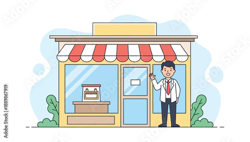 Business owner standing smiling in front of his small store with awning and glass window illustration