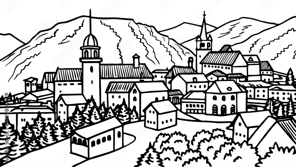 Naklejka premium Very beautiful aerial townscape of Ružomberok in Slovakia, surrounded by mountains, showing urban harmony and peaceful Central European living.