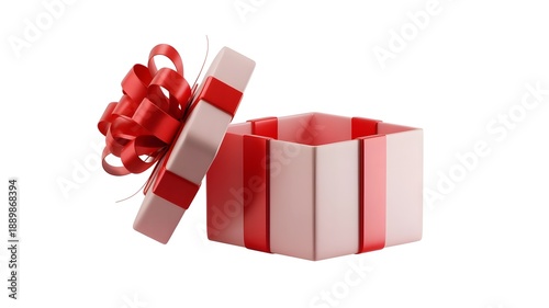 Open gift box with red ribbon and bow, isolated on white background for festive surprises and celebrations